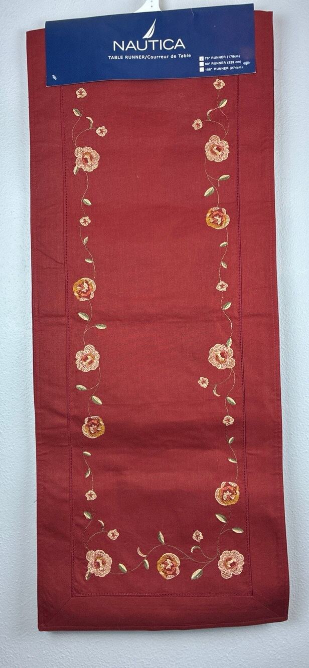 Nautica 70” Embroidered Savannah Spice 100% Ctn Floral Burgandy Table Runner